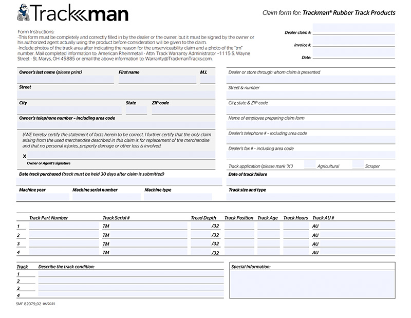 Trackman rubber track product warranty form